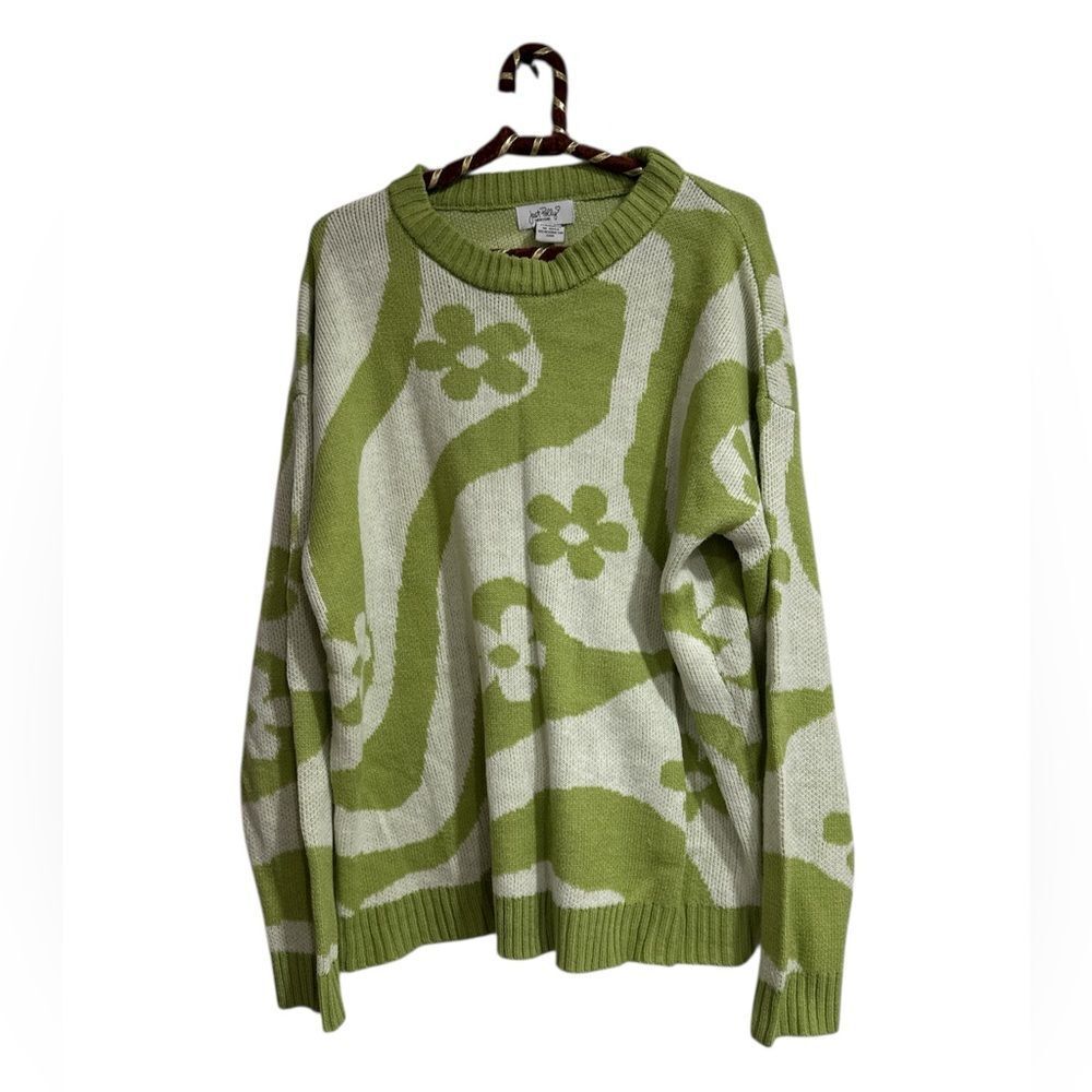 Just Polly green and white floral print sweater EUC